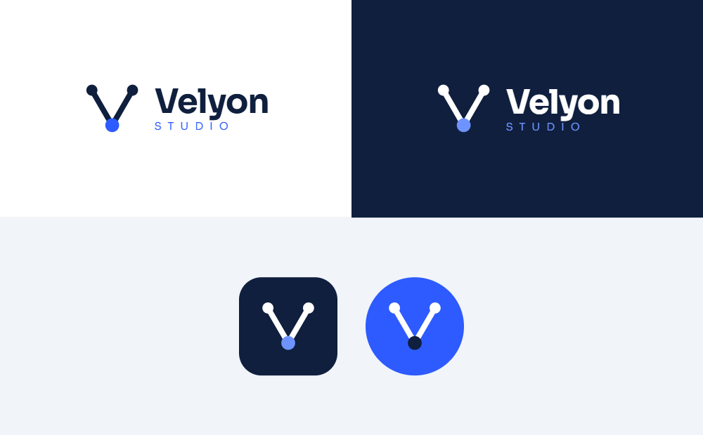 Logo VeLyon Studio sur fond clair, sur fond sombre et en icône